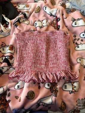 Smocked Gingham Strapless Crop Top - Red